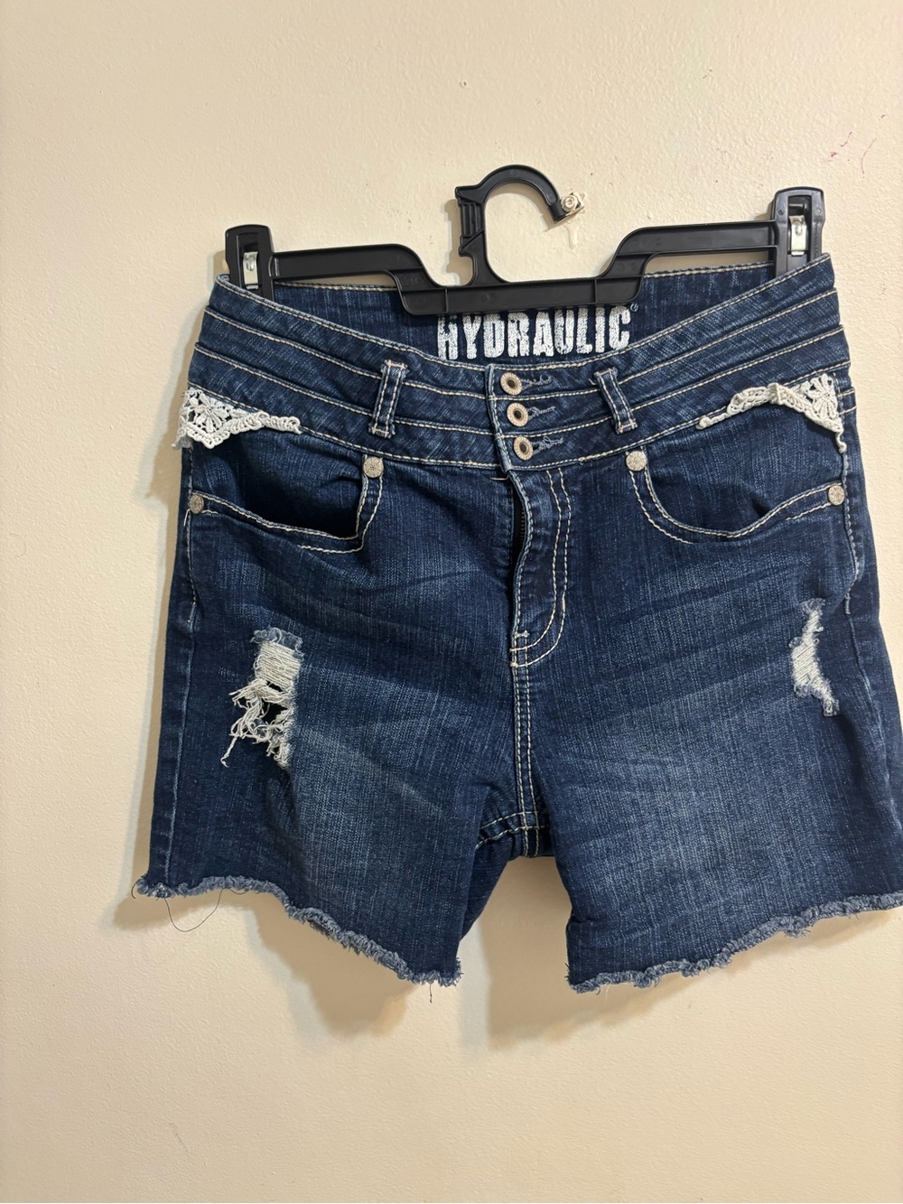 Hydraulic Dark Blue Distressed Denim Shorts with Lace Accents